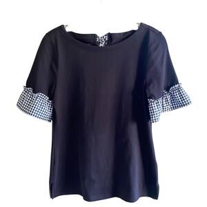 TALBOTS Petite SP Black Tee Shirt Top Checked Gingham Check Pima Cotton Bow